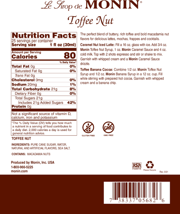 Valeurs nutritives et ingrédients Monin Noix de caramel (1 x 70 cl)
