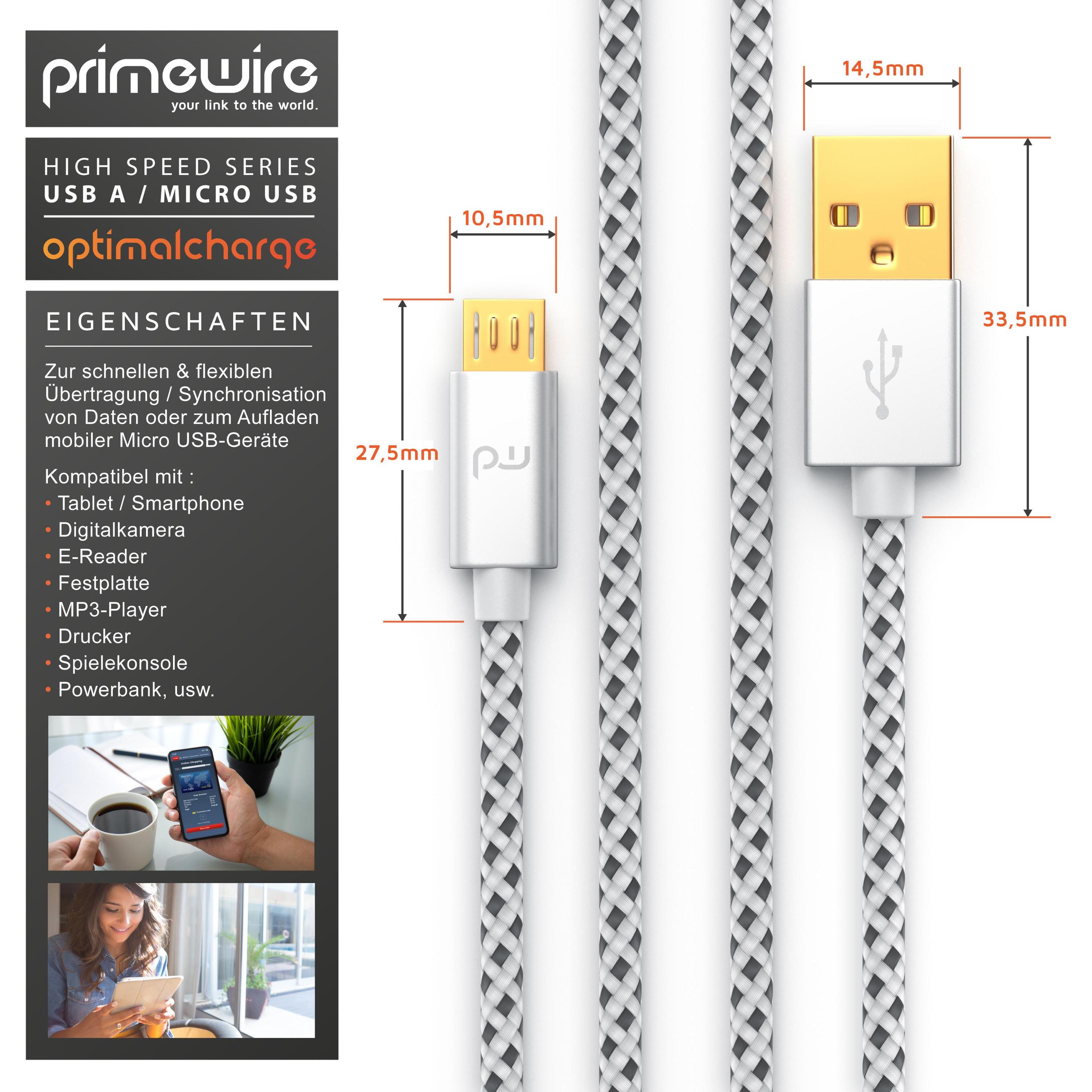 Thumbnail - Primewire Micro USB Kabel - 2,4A MicroUSB Schnellladekabel, Nylon, Metallstecker, Datenkabel Ladekabel (5 m, USB 2.0), U...