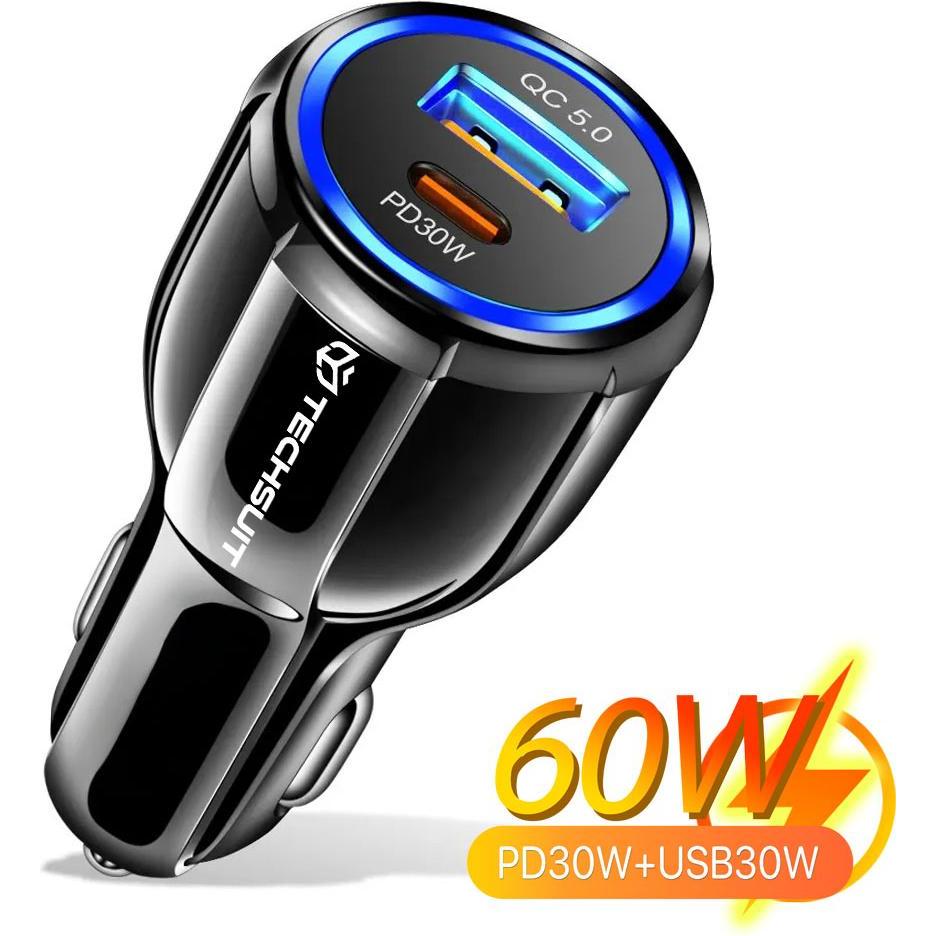 Techsuit - Car Charger Premium (TE-022) - USB-A QC5.0 30W, USB-C PD30W, Total 60W, LED Light - Black, Adattatore per auto, Nero