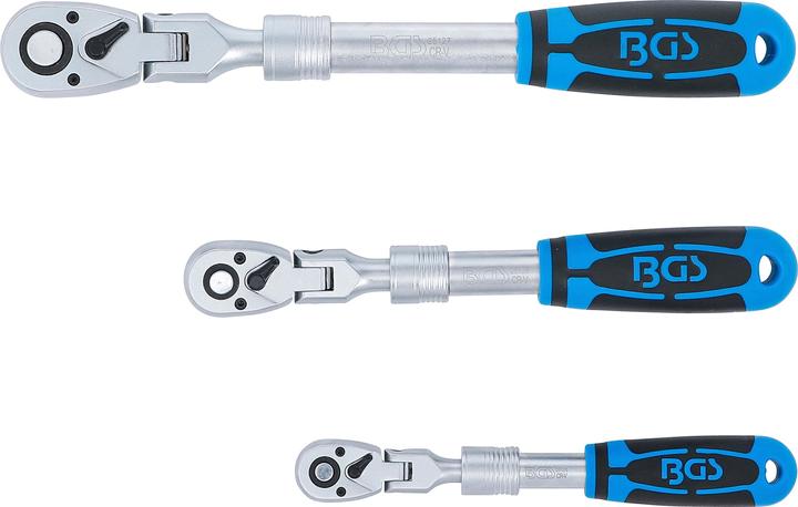 Produktbild BGS Umschaltknarren-Satz ausziehbar, abwinkelbar 6,3 mm (1/4") - 10 mm (3/8") - 12,5 mm (1/2") 3-tl (3/8", 1/4", 1/2")