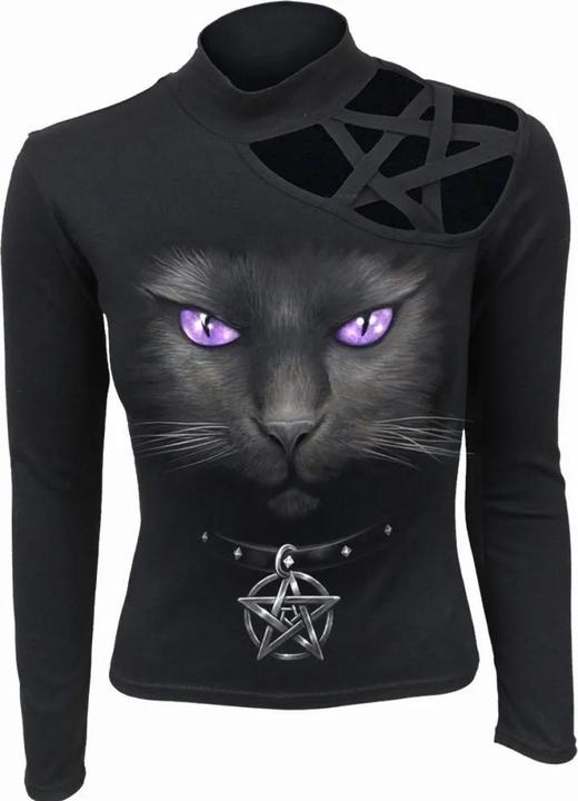 Actual product image Spiral Womens/Ladies Black Cat Pentagram Shoulder Long-Sleeved Top (XXL)
