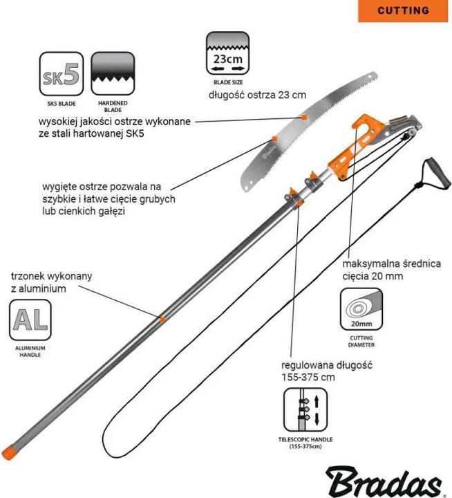 Actual product image Bradas Piła z sekatorem V-SERIES na teleskopow ym trzonku 3,75m / ostrze 230m (KT-V1521-375)