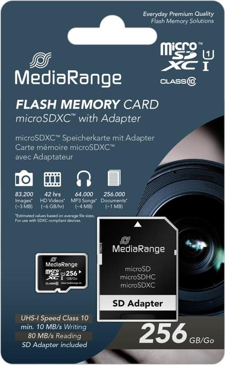 MediaRange Carte SD MicroSD UHS-1 Cl.10 avec adaptateur (256 Go, microSDXC, U1, UHS-I)