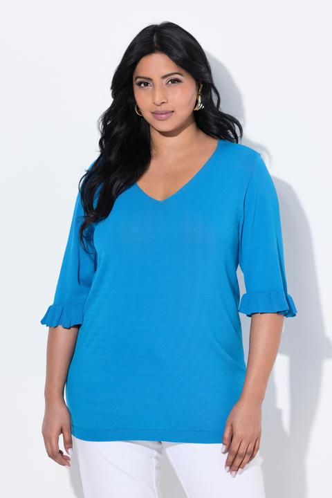 Image du produit Ulla Popken Pull en maille, encolure en V, manches courtes avec ruchés (58)