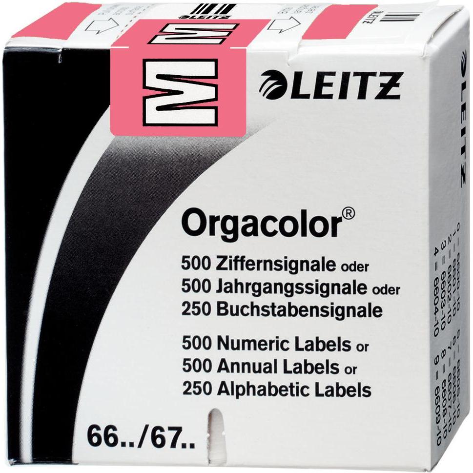Leitz, Ordner Zubehör, Buchstabensignal Orgacolor "M", auf Rolle, rosa Masse: (B)30 x (H)23 mm, auf Trägerbandrolle, s