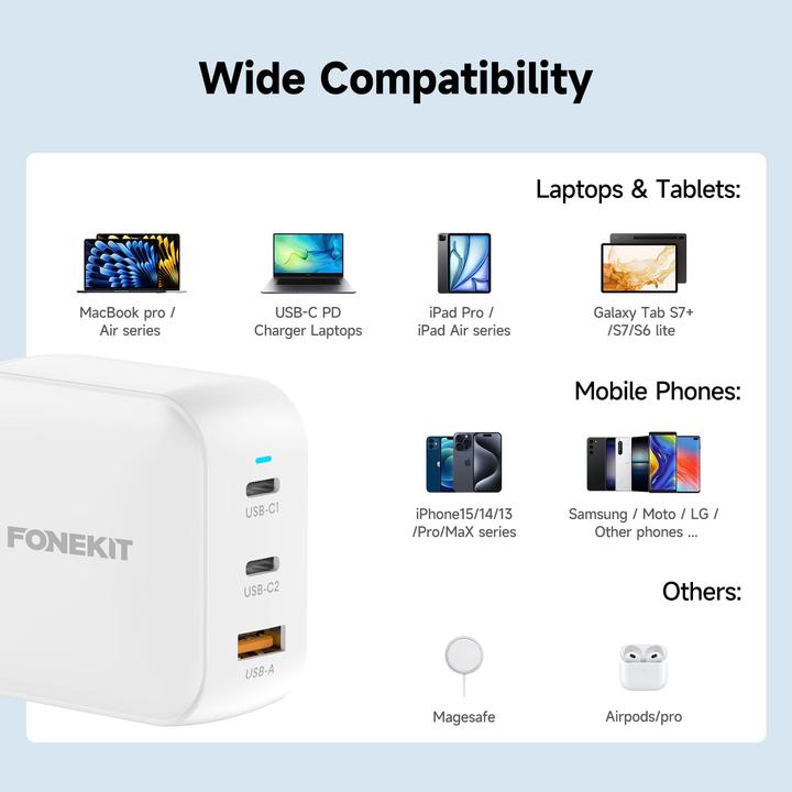 Produktbild FoneKit GaN PD 100W Power Adapter, USB-C + USB-C + USB-A, white (100 W, 3 Ports)