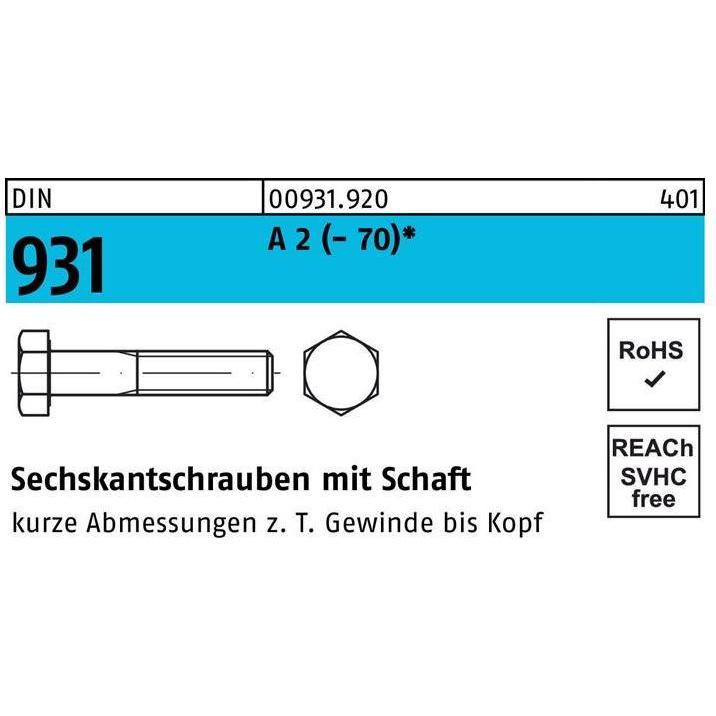 Schrauben, Sechskantschraube DIN 931 m.Schaft M 10 x 55 A 2 (- 70) (100 Schrauben pro Stück)
