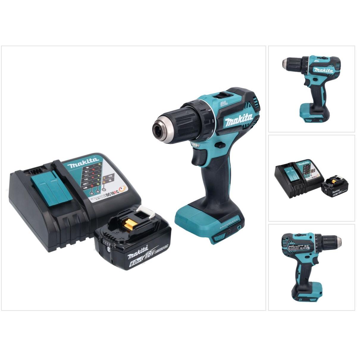 Makita, Bohrmaschine + Akkuschrauber, DDF 485 RG1 Akku Bohrschrauber 18 V 50 Nm Brushless + 1x Akku 6,0 Ah + Ladegerät (...