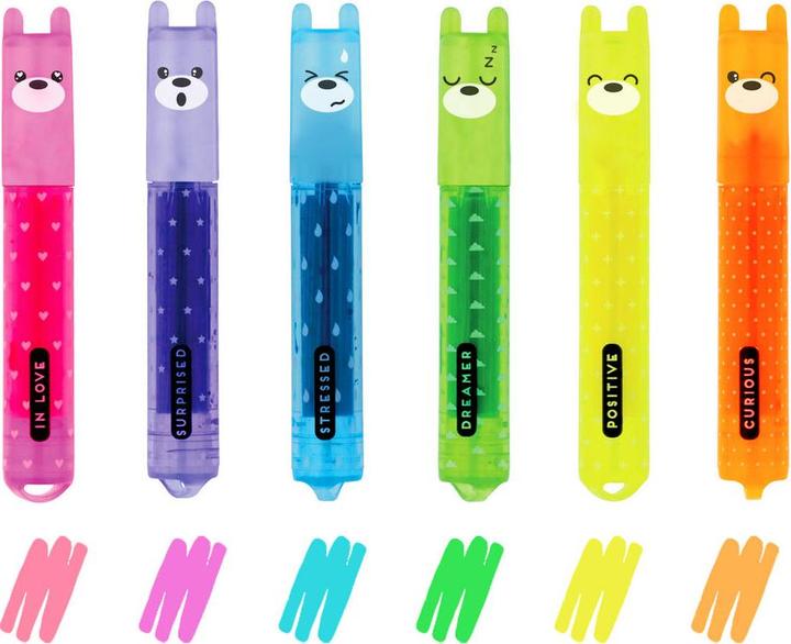 Actual product image Legami Mini Highlighters Set Teddys Mood, 6-tlg., Textmarker, Leuchtmarker, Stifte, MH0003 (Violet, Orange, Green, Blue, Rose, Yellow, 10 mm, 6 x)