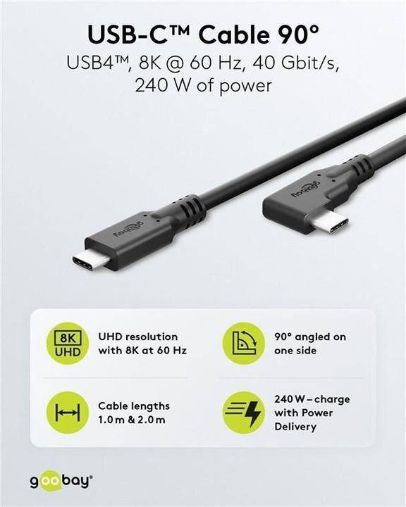 Actual product image Goobay USB-C-Kabel 90°, USB4, 2 m, schwarz (2 m, 240 W)