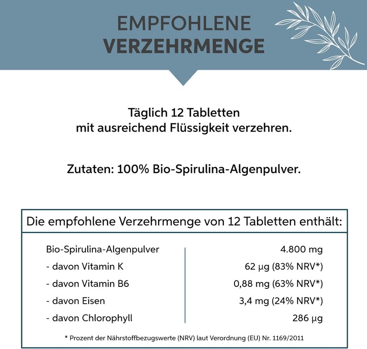 Valeurs nutritives et ingrédients Eltabia Comprimés de spiruline biologique | Qualité crudité premium (250 pièce(s), Cachets)