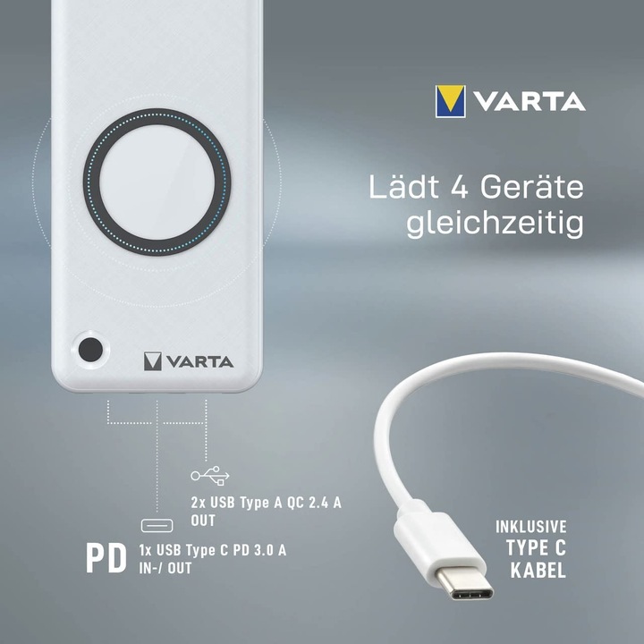 Actual product image Varta Wireless Power Bank + Charging Cable (20000 mAh, 20 W, 74 Wh)