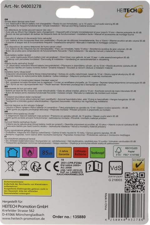 Produktbild Heitech Rauchmelder Long life inkl. Lithium Batterie 85dB