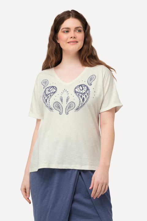 Immagine prodotto Ulla Popken T-shirt con stampa floccata, scollo a V, mezze maniche e cotone biologico (50, 52)
