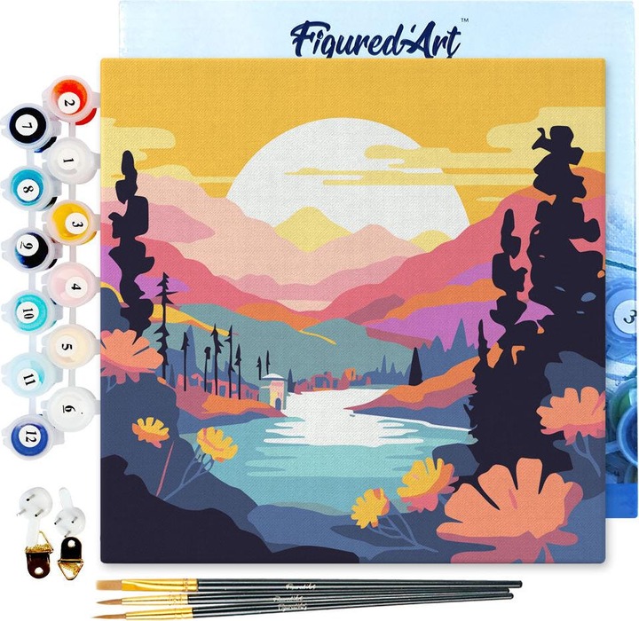 Actual product image Figured'Art Mini Paint by Numbers framed - Colourful Sunset by the Lake