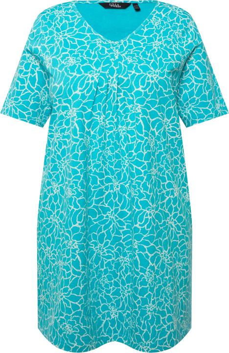 Image du produit Ulla Popken T-shirt long avec plis fantaisie, silhouette en A évasée, col en V et manches courtes (46, 48)