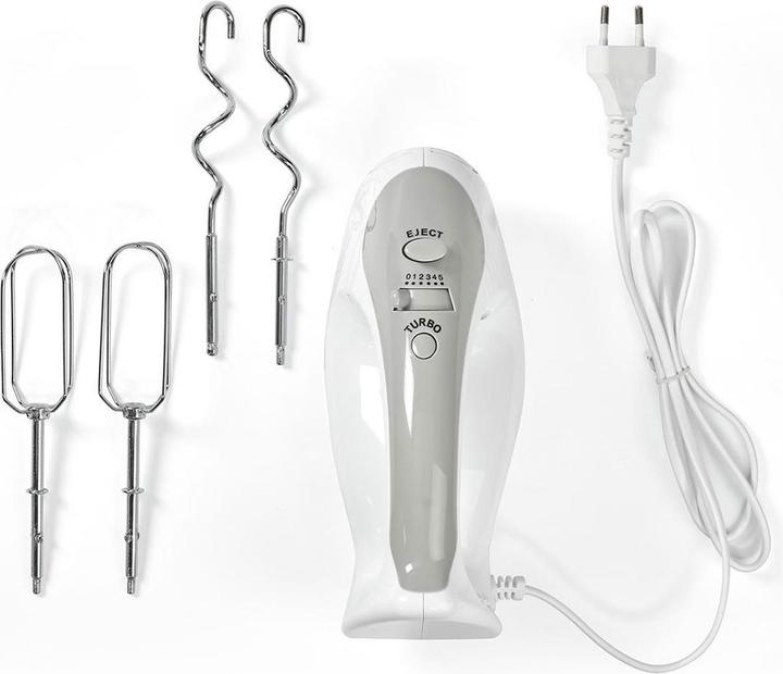 Productafbeelding Nedis Handmixer 200 W 5 snelheden Turbo functie 2 kloppers / 2 deeghaken Grijs/Wit (200 W)