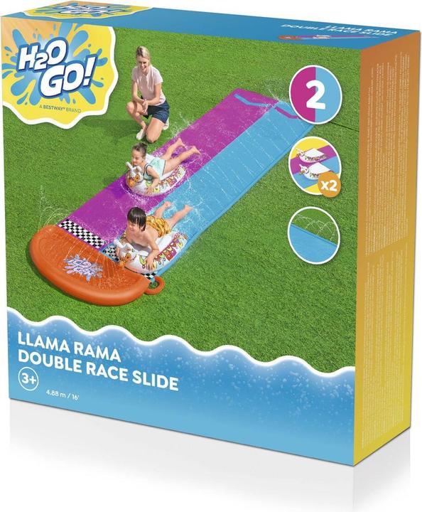 Immagine prodotto Bestway 2er-Wasserrutsche mit aufblasbaren Lama-Schwimmtieren (4.88 m)
