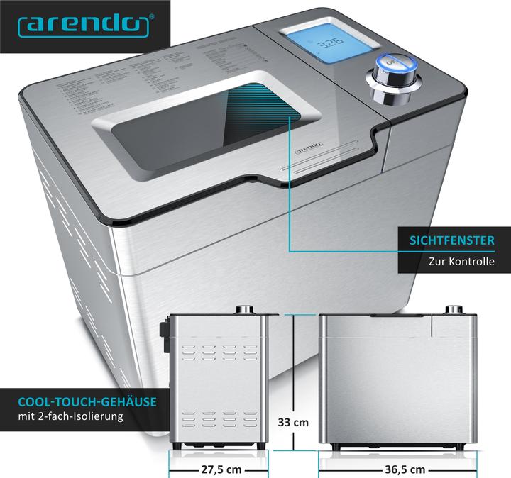 Produktbild Arendo Brotbackautomat, 25 Programme, 550 W, Brotbackmaschine, automatisches Zutatenfach, 1 kg Kapazität