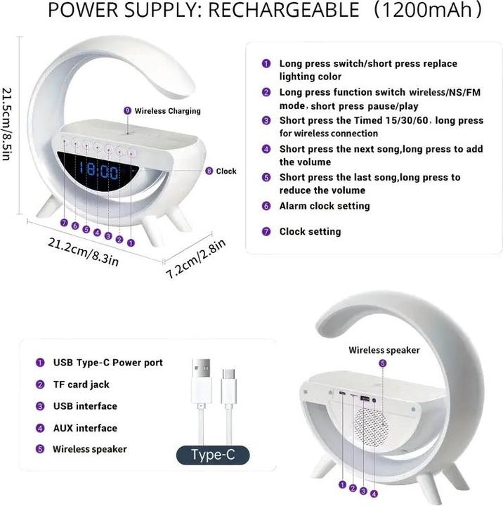 Image du produit Cbx Lampe de charge moyenne sans fil, chargeur sans fil, veilleuse à LED, lampe de chevet, réveil (15 W)
