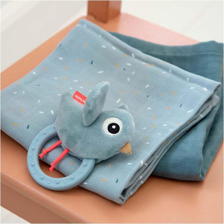 Actual product image Done by Deer Birdee blue rattle with teething ring