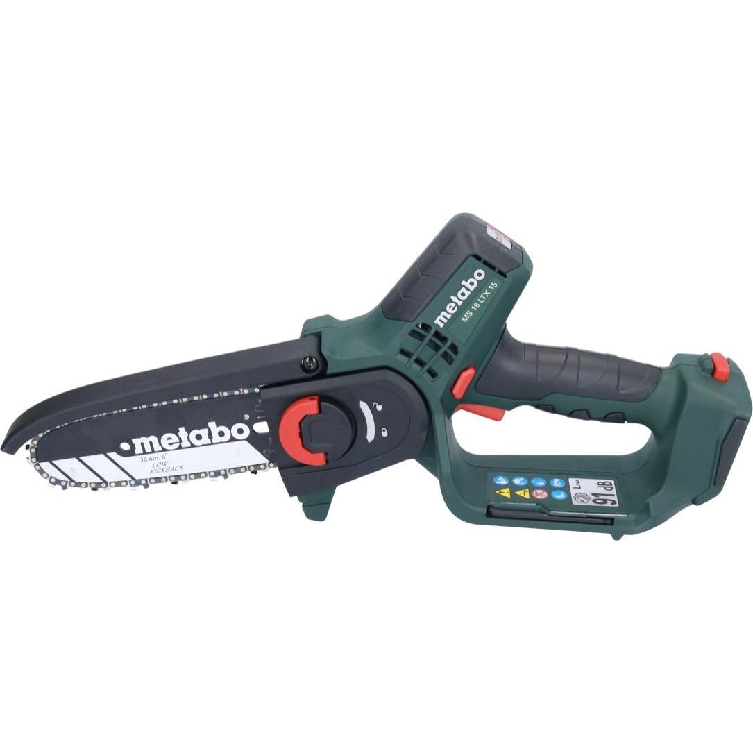 Metabo, Kettensäge, MS 18 LTX 15 Akku Gehölzsäge 18 V 15 cm 5 m/s + 2x Akku 4,0 Ah + Ladegerät + metaBOX (Akku Kettensäg...