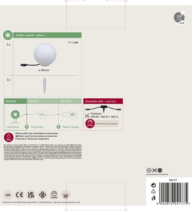 Image du produit Paulmann Globe terrestre Plug & Shine (235 lm, IP67)