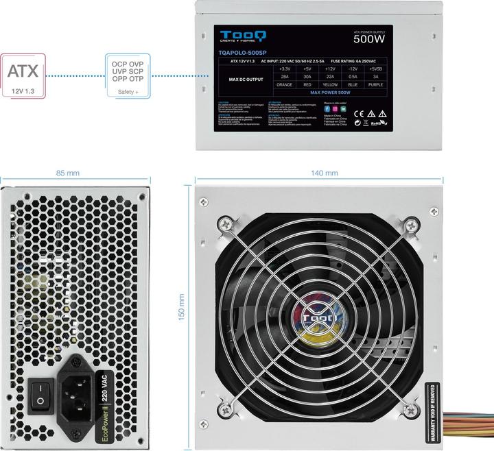 Tooq Technology Alimentation ATX TooQ Apolo - 500W (Gris) (500 W)
