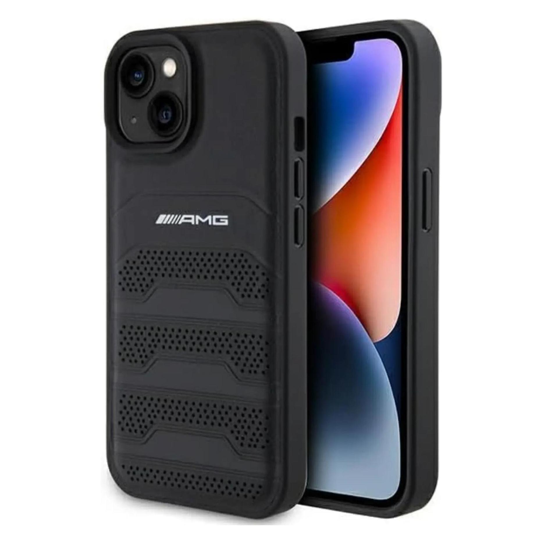Mercedes Amg AMHCP15MGSEBK IPhone 15 Plus 6, 7" Czarny/black Hardcase Leather Debossed Lines (Apple IPhone 15 Plus), Smartphone Hülle, Schwarz
