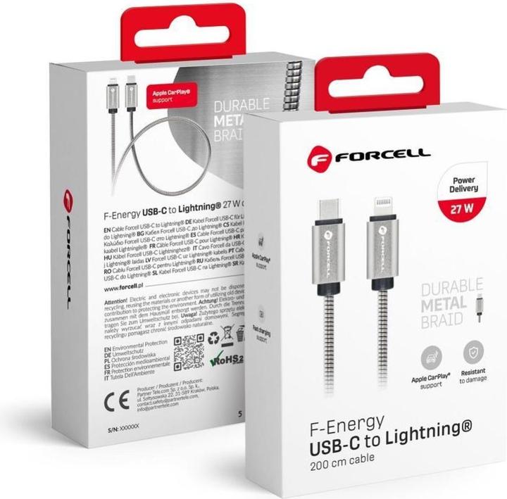 Produktbild Forcell Cable F-ENERGY Metal C238 cable Type C to Lightning PD 3A 27W 2 m silver (2 m, 27 W)