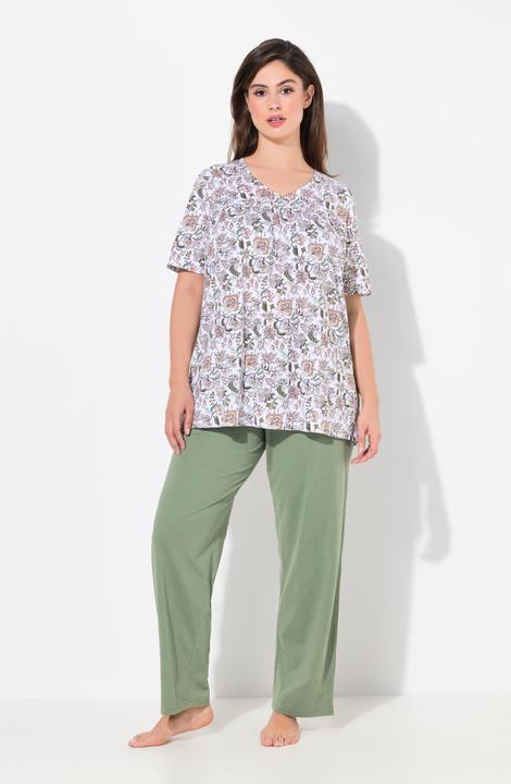 Produktbild Ulla Popken Pyjama, Blüten, V-Ausschnitt, Halbarm, Taschen (50, 52)