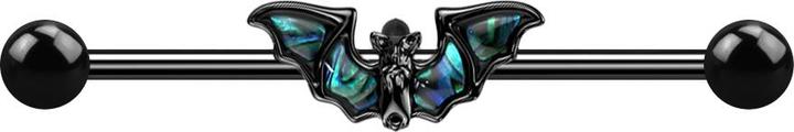 Actual product image Hollywood Body Jewelry Barbell schwarz mit zwei Kugeln und Fledermaus mit Abalone (without brass, Surgical steel 316L)