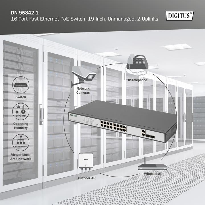 Immagine prodotto Digitus 16 Port Fast Ethernet PoE Switch, 19 Inch, Unmanaged, 2 Uplinks (16 porte)