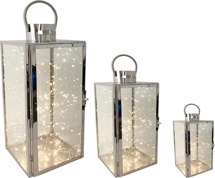 Actual product image Mojawo Set of 3 Stainless Steel Lanterns 30/40/53cm + 3 x Free LED Drop Light Chain (30, 40, 3 x)