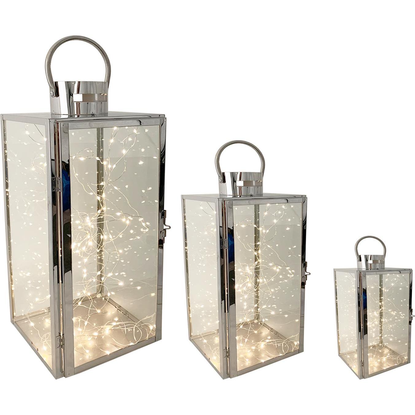 Mojawo, Laterne, 3er Set Edelstahl-Laternen 30/40/53cm + 3 x Gratis LED Tropfen Lichterkette (30, 40, 3 x)
