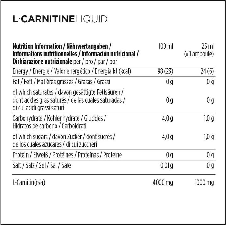 Nutritional values and ingredients Powerbar L-Carnitine Liquid (20 Piece, Ampoule, 600 g)