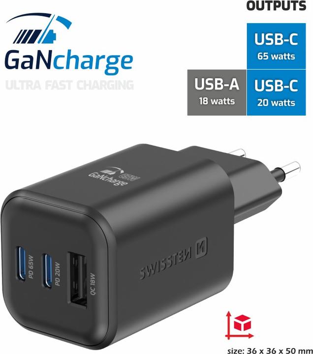 Produktbild Swissten Travel Charger Gan 2X USB-C 65W PD + 1X USB-A 18W QC Black (65 W, 3 Ports)