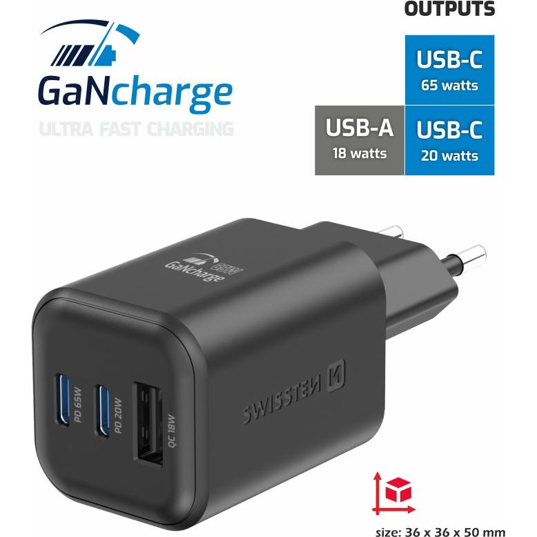 Swissten Caricabatterie da viaggio Gan 2X USB-C 65W PD + 1X USB-A 18W QC Nero (65 W), Caricatore USB, Nero