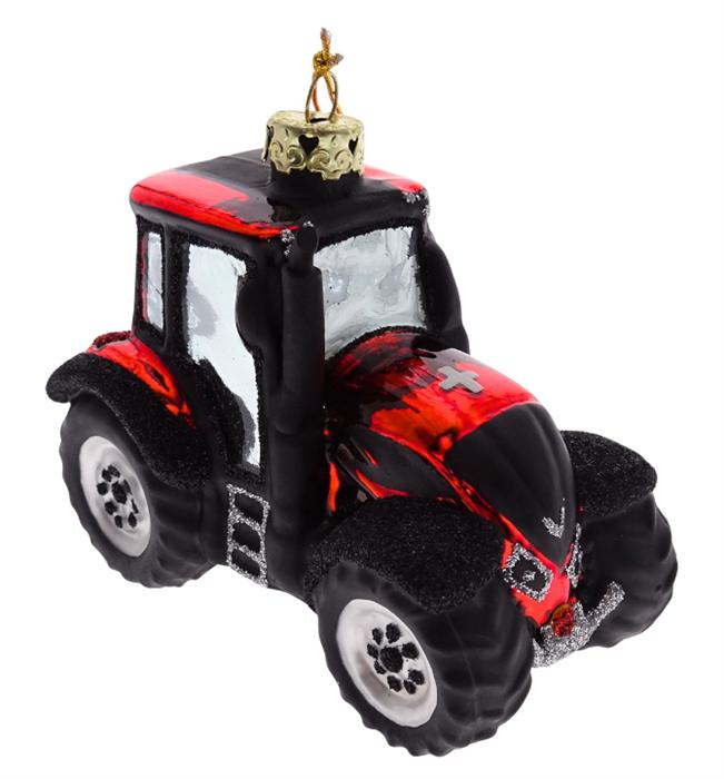 Ornamente Glas Ornament Traktor rot mit CH Kreuz 10cm lang, 7cm hoch, 5.5cm breit (1 x)