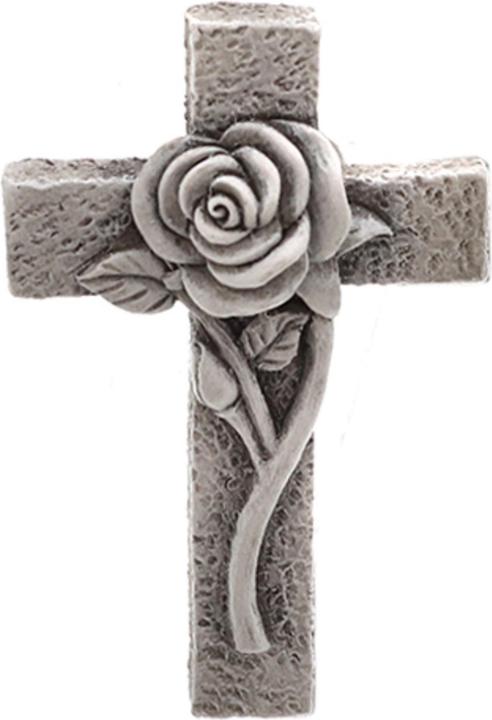 Produktbild Novaliv Grabschmuck Kreuz mit Rose Klein Grabdekoration wetterfest Grabfigueren Kreuz für Friedhof
