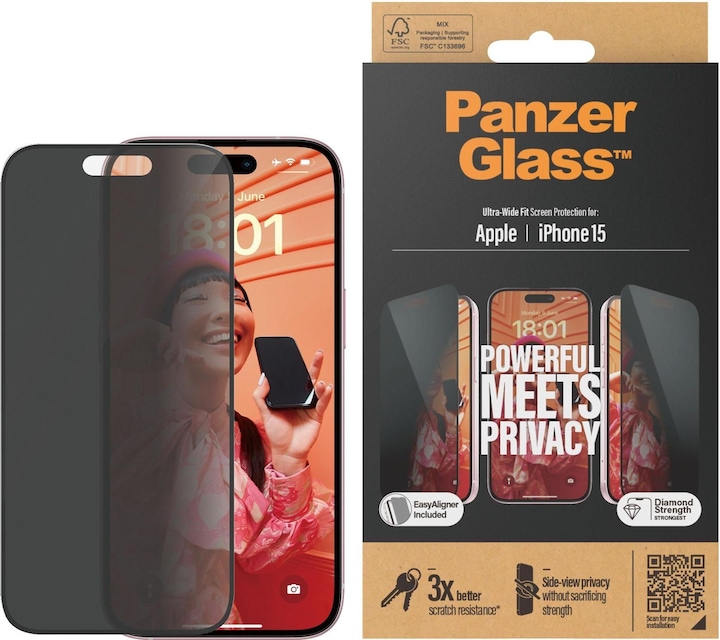 PanzerGlass Privacy Screen Protector Ultra-Wide Fit w. EasyAlig. (1 Stück, Apple iPhone 15)