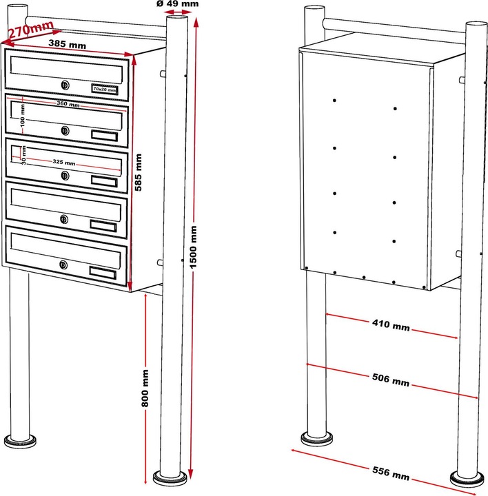 Actual product image Wiltec 5-post letterbox system stainless steel 513x270x1500mm Postal mailbox