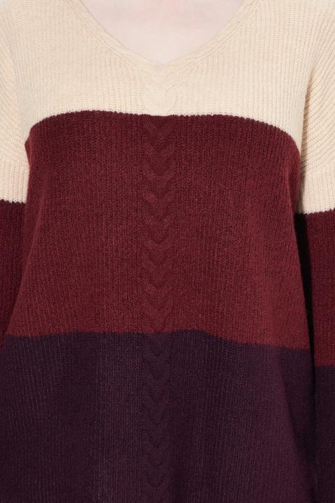 Actual product image Ulla Popken Cable Knit Block Stripe V-Neck Sweater (58)