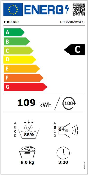 Energy Label Hisense DH3S902BWCC (9 kg, Changeable)