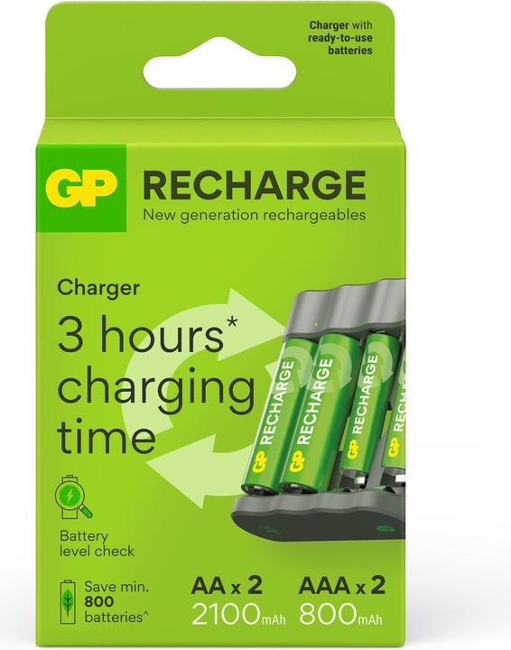 Actual product image GP Batteries GP Recharge Battery Charger, B441 (USB), incl. 2 x AA 2100 mAh + 2 x AAA 800 mAh Batteries (4 pcs., AA, AAA)