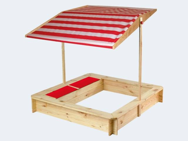 Produktbild John beluga Spielwaren 50380 -Sandkasten mit Wasser-Matsch-Bereich und Rot/weissem Dach, natur / rot