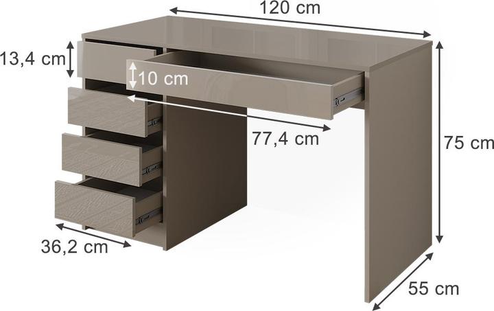 Produktbild Vicco Schreibtisch Sherry, Greige Hochglanz, 55 x 120 cm mit Schubladen (55 x 120 x 75 cm)