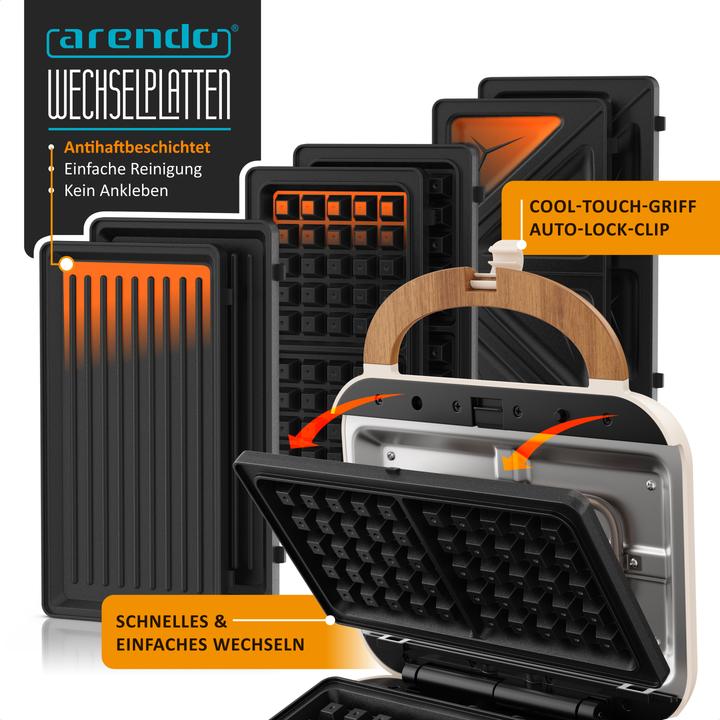 Image du produit Arendo 3-in-1-Sandwichmaker Waffeleisen & Kontaktgrill, abnehmbare Platten, 1000 W, Waffel & Grill, Panini