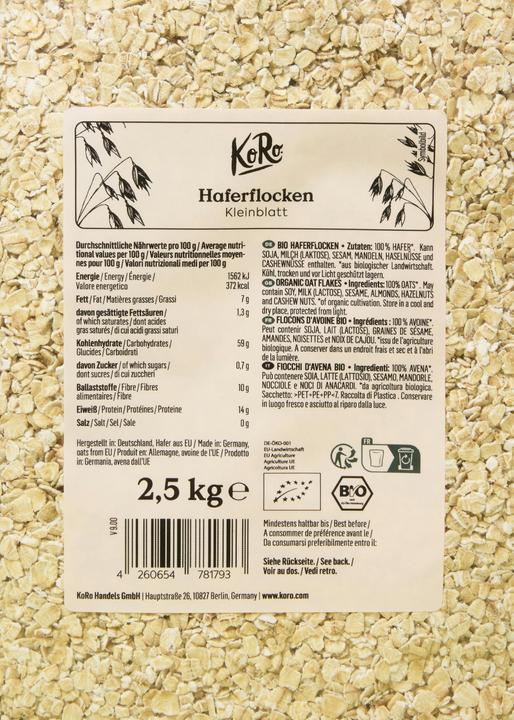 Nutritional values and ingredients KoRo Oatmeal (2500 g)