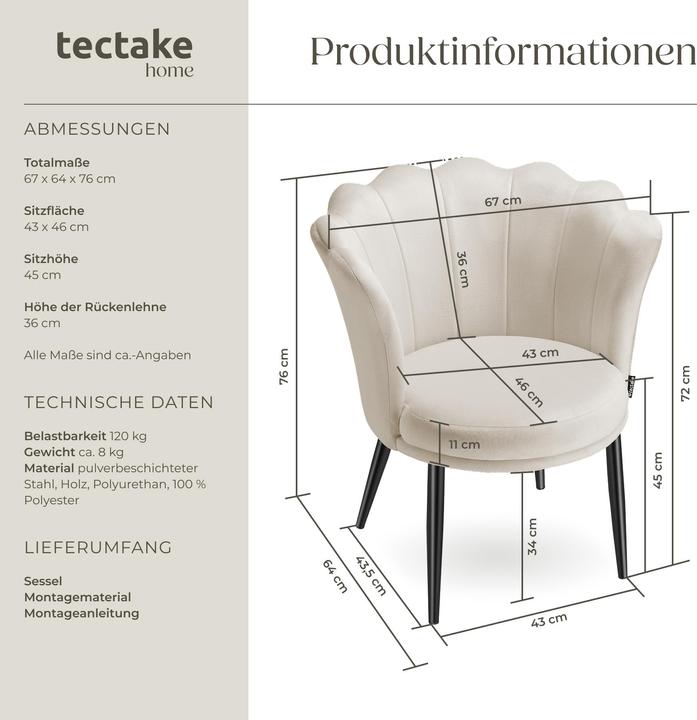 Produktbild tectake Sessel Stella, dicke Polsterung, 67x64x76cm